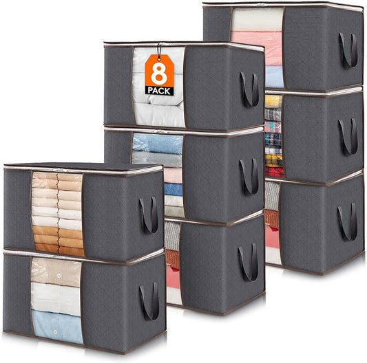 Lifewit 8 Pack 60L Clothes Storage Bins with Lids, Foldable Blanket Storage Bags with Zippers, Clear Window and Reinforced Handles, Closet and Organization for Clothing, Sweater, Comforter, Bedding