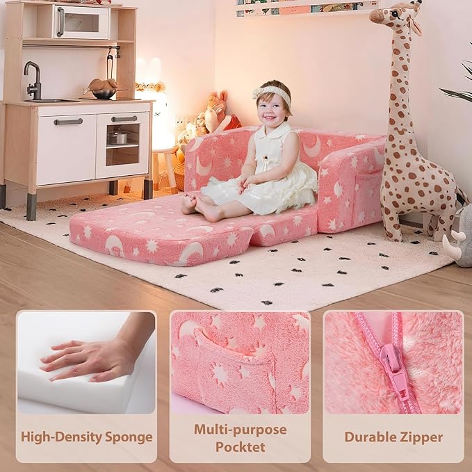 Extra Wide Kids Couch, Kids Sofa, Toddler Sofa, Glow in The Dark, 2-in-1 Soft Toddler Couch with Blanket and Pillow, Moon Style, Pink