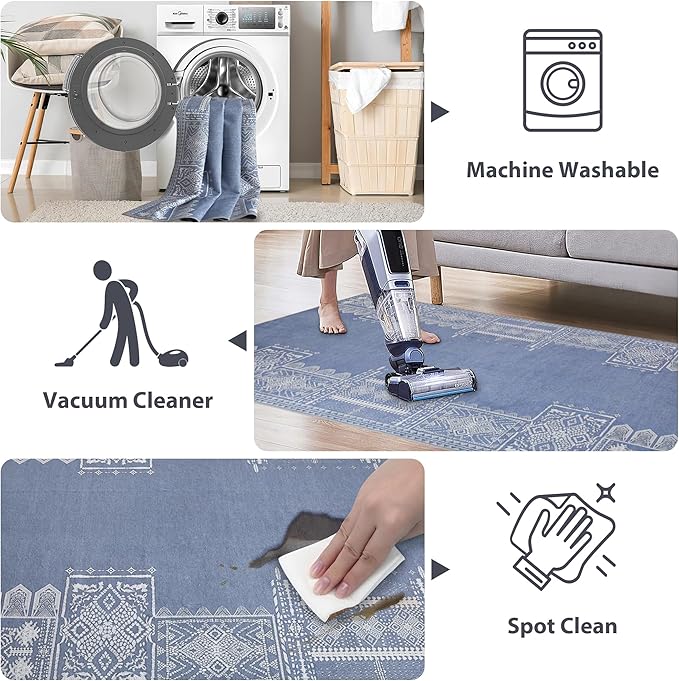 NICETOWN Blue Runner Rug for Hallway Non Slip - 2x6 Carpet Thin Washable Geometric Washable Rug Kitchen Throw Carpet for Kitchen Bedroom Laundry Room, Stone Blue