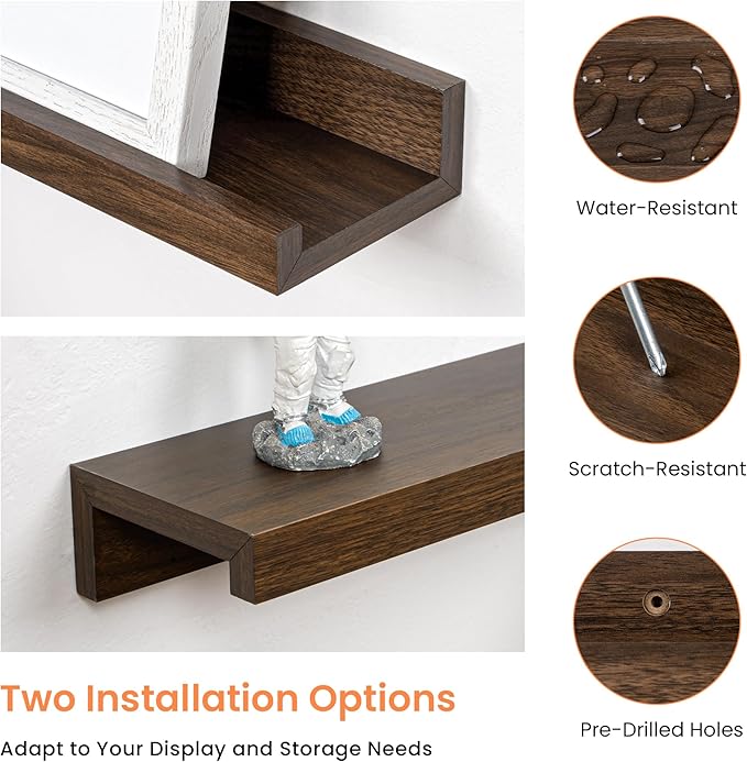 RICHFOCUS Picture Ledge Shelf, 36 inch Floating Shelves Set of 2, Wood Wall Shelves with Lip, Wall Decor Storage for Bedroom Living Room Bathroom Kitchen Nursery Photo Picture, Walnut
