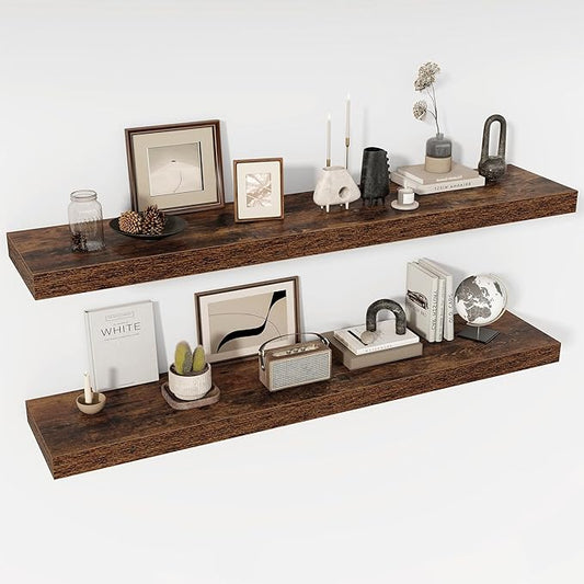 55 Inch Floating Shelves, 12" Deep Floating Shelf Wall Mounted, 55" Wall Shelves, Rustic Deep Bookshelf, Extra Deeper & Thicker Display Shelves for Bedroom, Living Room, Brown, Set of 2
