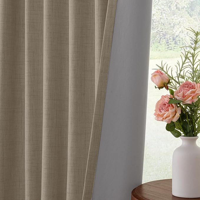 INOVADAY 100% Blackout Curtains for Bedroom, Black Out Curtains 108 Inch Long, Clip Rings Linen Blackout Drapes, Thermal Insulated Room Darkening for Living Room, 2 Panels - Earthy Beige,W50xL108