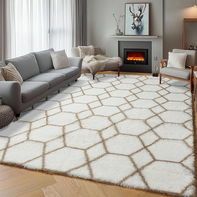 ONASAR Rugs for Living Room Bedroom, 5x8 Fluffy White and Beige Area Rug, Geometric Boho Soft Plush Shaggy Floor Carpet Mat for Nursery Kids Girls Boys Teen Dorm Home Decor Aesthetic