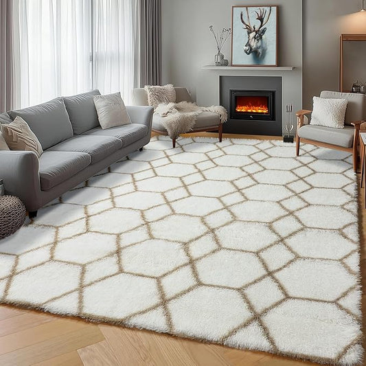 ONASAR Rugs for Living Room Bedroom, 5x8 Fluffy White and Beige Area Rug, Geometric Boho Soft Plush Shaggy Floor Carpet Mat for Nursery Kids Girls Boys Teen Dorm Home Decor Aesthetic