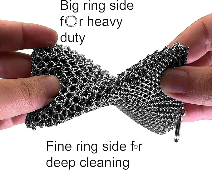 Cast Iron Chainmail Scrubber - Fine Ring - 316 Stainless Steel Skillet Cleaner - Built-in Silicone with Welded Rings - for Cookware, Cast Iron Pots, BBQ and Plates (Standard 2 in 1)