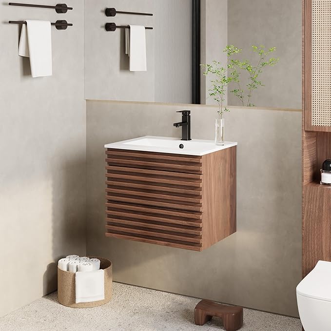 eclife 24" Floating Bathroom Vanity with Sink Combo Mid-Century Wall Mounted Cabinet with Wood Stripes Decor, Drawers, Undermount Sink, Faucet, Drain, Cocoa Brown