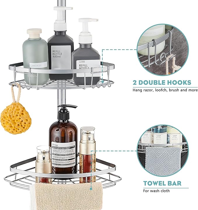 WPT Grey Shower Caddy Corner Organizer for Bathroom, Stainless Steel Tension Pole Corner Shelf Shower Caddy Stand for Bathtub Shampoo Storage, 4 Tier Adjustable Shelves, 28.7 to 104.7 Inches