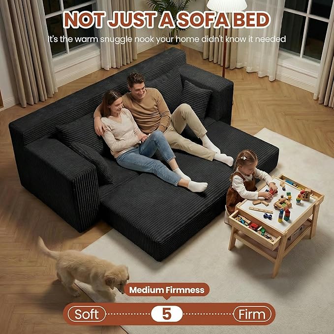 Convertible Sofa Bed, 5 in 1 Small Boneless Couch Pull Out Loveseat Sleeper Sofa,Corduroy Futon Couch Folding Mattress with 4 Pillows for Living Room Bedroom Lounge (No Assembly)