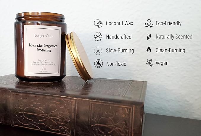 Lavender, Bergamot, Rosemary Coconut Wax Candle Non Toxic Aromatherapy Candle with Essential & Prime Rated Natural Fragrance Oils, Clean Burning Amber Jar Candle, 7 oz Small Batch