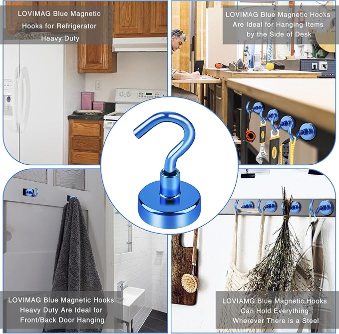 LOVIMAG Magnetic Hooks，30Lbs Magnet Hooks for Cruise Cabin, Magnetic Hooks for Hanging, Fridge, Classroom, Refrigerator, Ceiling, Office, Kitchen. Grill, Garage-6 Pack of Blue