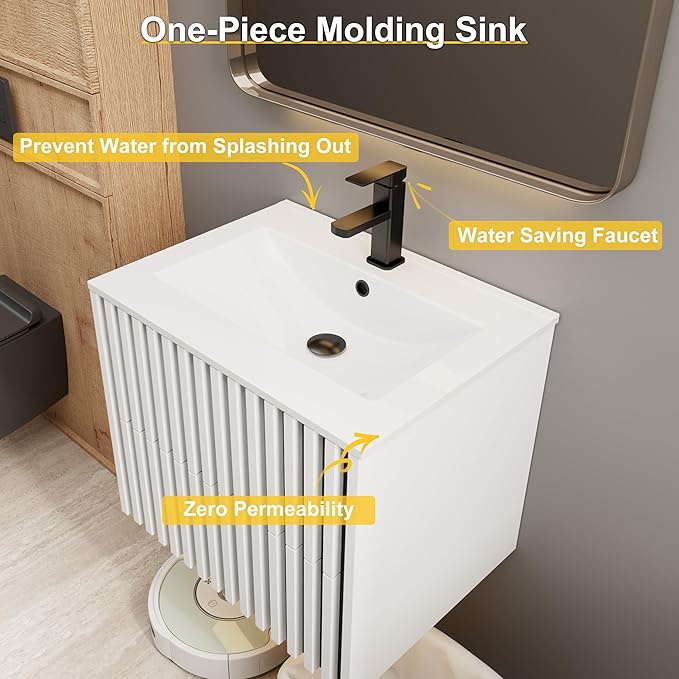 eclife 24" Floating Bathroom Vanity with Sink Combo, Modern Wall Mounted Cabinet with 2 Fluted Drawers, Undermount Sink, Faucet, Drain, Mixed White