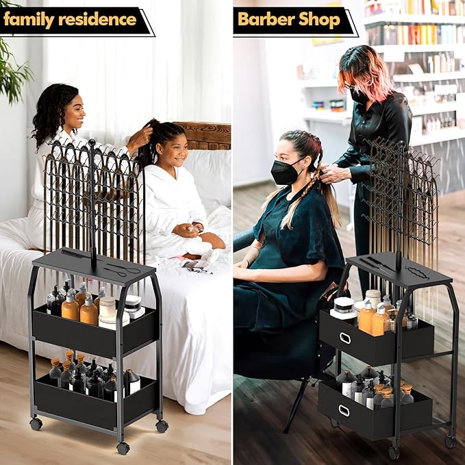 Portable Braiding Hair Rack With Wheels & Storage Drawers,168 Pegs Hair Extension Holder Hanger for Braiding Hair Separator Stand Display,Hair rack with stylist hair braiding tools(black)