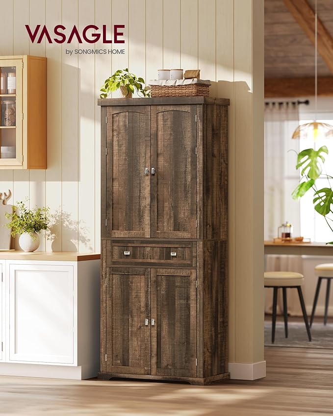 VASAGLE Pantry Cabinet, 15.7 x 30 x 71.7 Inches, Freestanding Tall Cupboard Storage Cabinet with a Drawer, 2 Cabinets, 6 Adjustable Shelves, for Living Room, Kitchen, Deep Brown UBBK561K01