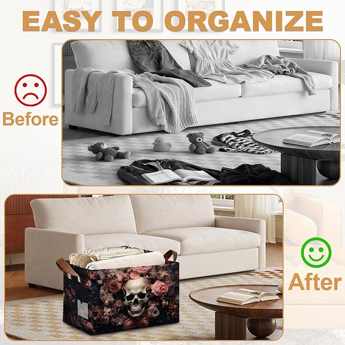 Pink Flower Skull Storage Bins with Handles, Collapsible Storage for Clothes, Gift Basket, Blankets & Closet Organization