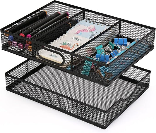 Office Drawer Organizer, 2 Pack Metal Mesh Desk Draw Divider, Versatile Desktop Organizer Tray to Keep Supplies Tidy and Easy to Access, Stackable A4 Paper Holder Tray