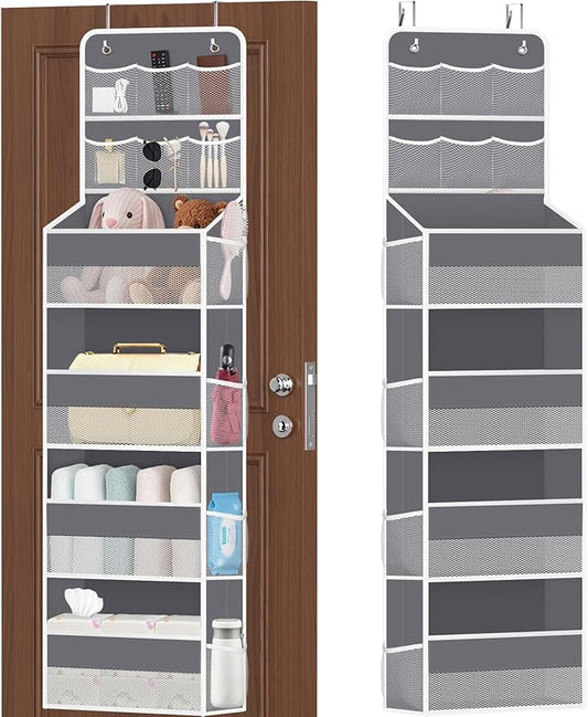 6-Tier Over The Door Organizer with Mesh Pockets, Baby Nursery Storage for Closet, Bathroom and Bedroom, Adjustable Hanging Closet Organizer for Cosmetics, Books and Essentials (Dark Grey)