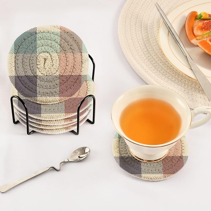 Buffalo Plaid Blue Orange Drink Coasters, Handmade Cotton Absorbent Coaster Set of 6, Minimalist Home Decor for Coffee Table, Kitchen, Housewarming and Wedding Registry Ideas