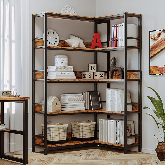 IRONCK Corner Bookshelf 5 Tiers, Industrial Corner Bookcase with Baffles Etagere, L Shaped Bookshelves with Metal Frame, Corner Shelf Storage Rack for Living Room Home Office