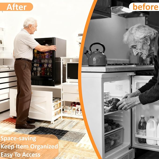 Mini Fridge Stand with Storage, Farmhouse Fridge Cabinet with Power Outlet & Movable Drawers, Microwave Oven Stand with Wheels, Kitchen Bakers Rack for Home Bar Office, White