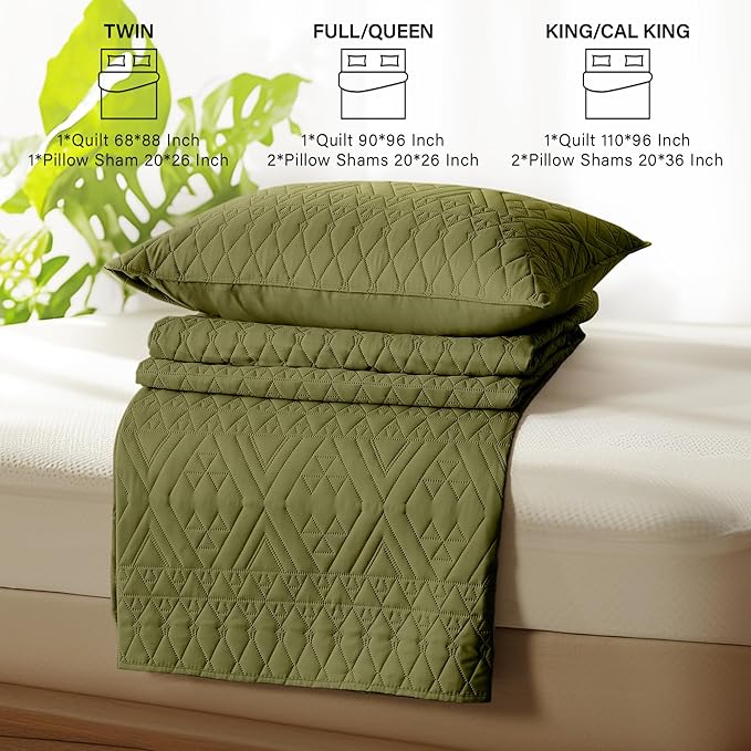 akkialla Twin Size Quilt Bedding Set,Olive Green Lightweight Microfiber Soft Bedspreads,Modern Style Geoetric Pattern Coverlet Set for All Seasons,2 Piece(1 Quilt,1Pillow Sham)