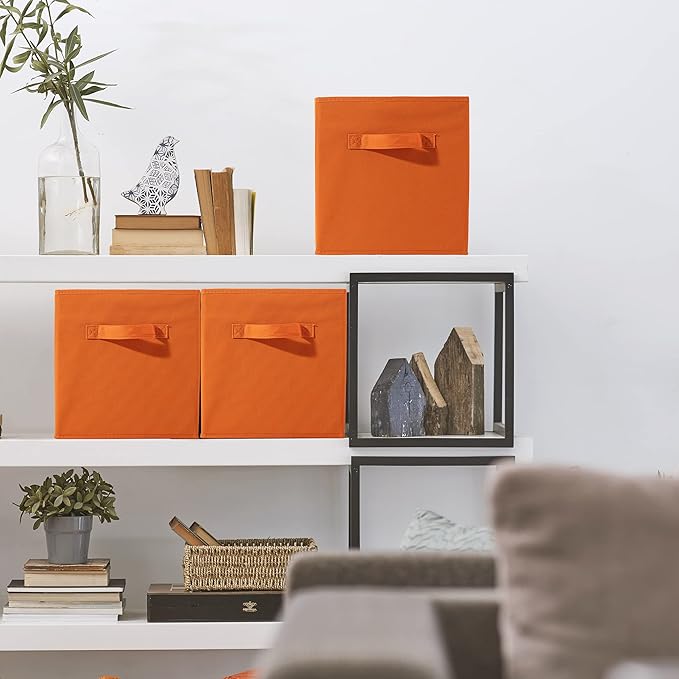 Sorbus Foldable Storage Cubes - 6 Fabric Baskets for Organizing Pantry, Shelf, Toy Box, Cubby, Closet - 11 Inch Collapsible Closet Organizers and Storage Bins with Handle (Orange)