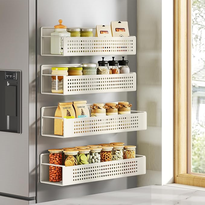 SONGMICS Magnetic Spice Rack for Refrigerator, Set of 4, 2 Large and 2 Small Kichen Magnetic Shelves for Microwave, Washing Machine, Spice Organizers, No Drilling Needed, Cream White UKCS061W01
