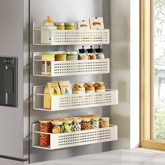 SONGMICS Magnetic Spice Rack for Refrigerator, Set of 4, 2 Large and 2 Small Kichen Magnetic Shelves for Microwave, Washing Machine, Spice Organizers, No Drilling Needed, Cream White UKCS061W01