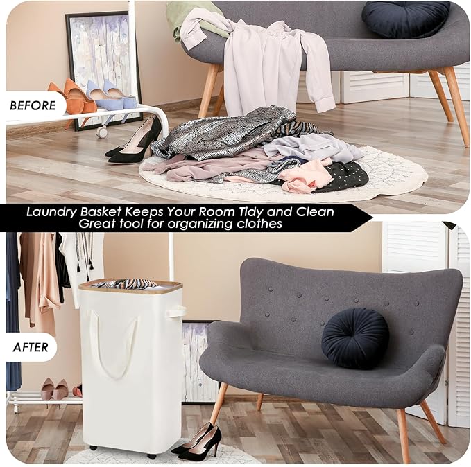 WELTRXE Laundry Basket with Wheels, 110L Large Clothes Hamper for Laundry, Collapsible & Waterproof Laundry Hamper with Lid and Removable Inner Bag, for Laundry Room, Bedroom, Dormitory Storage, Beige