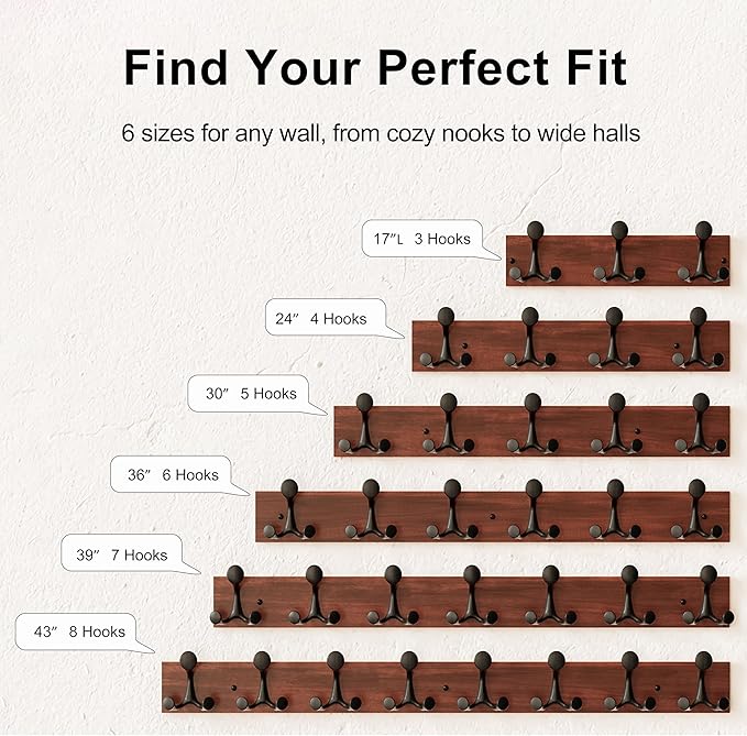 SKOLOO 43-Inch Wood Coat Rack Wall Mount with 8 Triple Hooks - Ideal for Family Entrances, Classrooms, and Pet Supplies Storage - Perfect Coat Hooks for Wall,Charred Golden Brown
