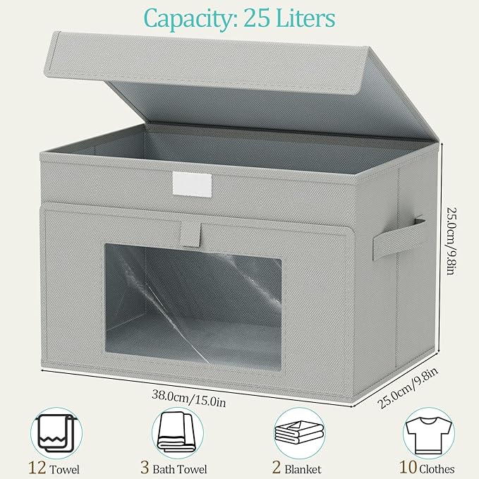 Storage Bins with Lids, Cube Organizer Basket with Window, Closet Boxes with Carrying 2 Handles and Sturdy PP Support Plate, 2 Pack, Grey, 15 x 9.8 x 9.8 In, XSNY17GL-2