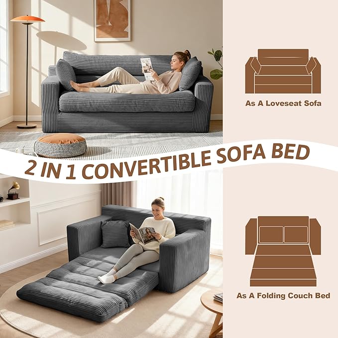 Convertible Sofa Bed, Pull Out Boneless Couch Loveseat Floor Sofa Bed with Pillows, 2-Seater Folding Sofa Loveseat Boneless Couch for Living Room, Bedroom, Apartment, Office(Grey)