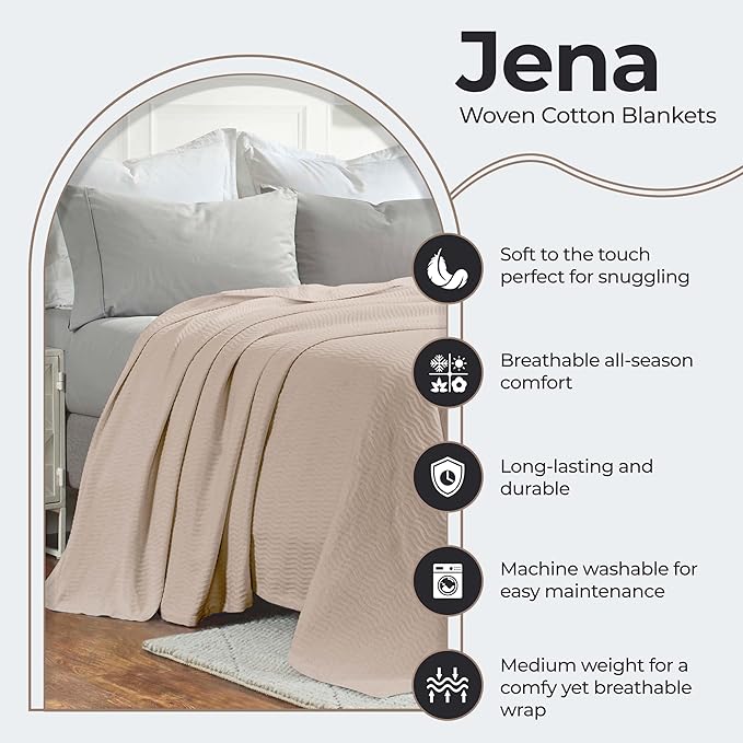 Superior JENA Cotton Blanket, for Picnic, Beach, Traveling or Camping, Bedroom Decor, Essentials, Cover for Bed, Couch, Lounging, Textured Jacquard, Modern Chevron Woven Blanket, Throw, Khaki