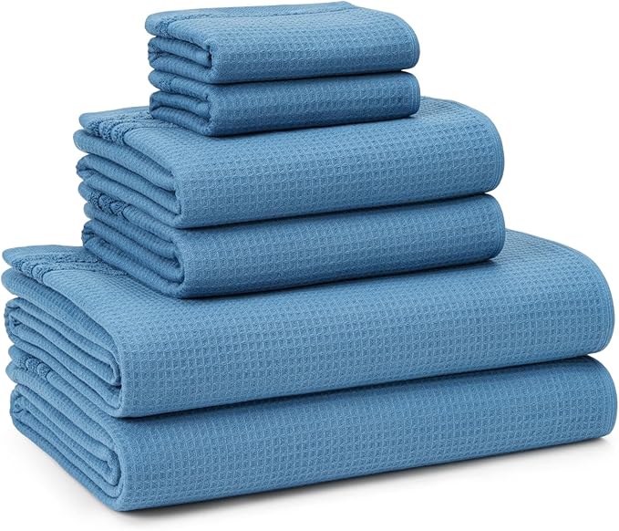 Town & Country Basics 6-Piece Assorted Waffle Woven Terry Stripe Set, 2-Bath Towels, 2-Hand Towels, 2-Washcloths, 100% Cotton, Quick Dry, Blue