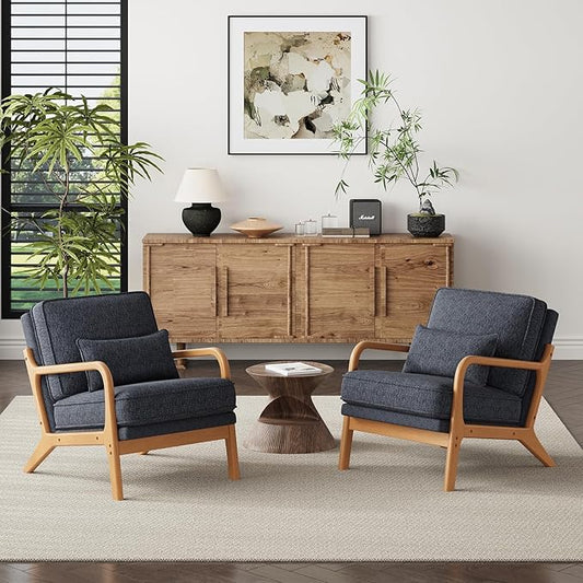 Accent Chair Set of 2 with Solid Wood Frame, Mid-Century Relaxing Armchair Lumbar Pillow& Soft Cushion, Reading Leisure Chair for Living Room, Bedroom, Waiting Room-Blue