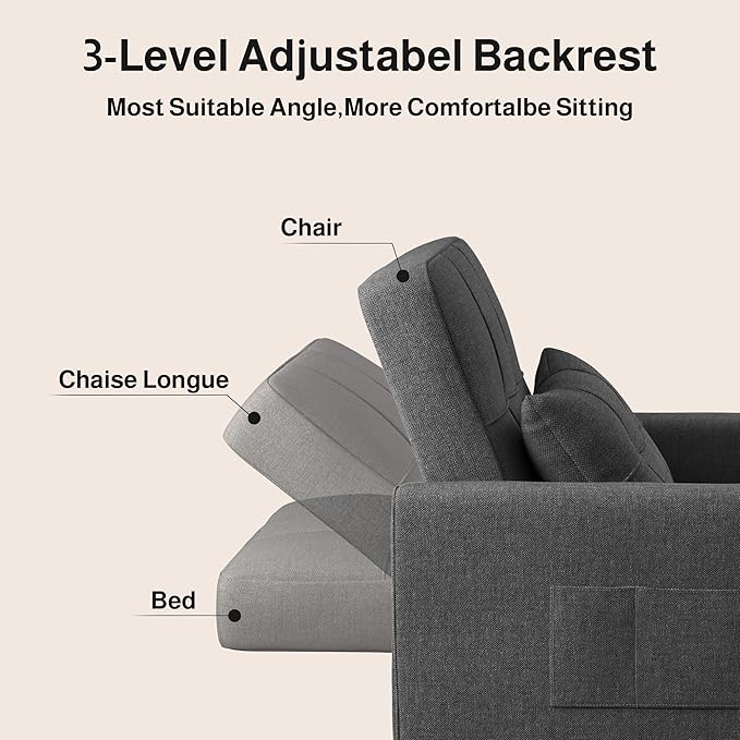Ahomly Convertible Sofa Chair Bed, 3-in-1 Multi-Functional Sleeper Chair Bed, Adjustable Backrest Recliner with Modern Linen Fabric for Living Room Bedroom Apartment Small Space, Dark Grey