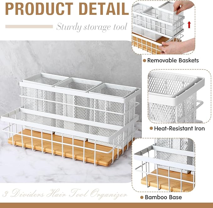1 Pcs 1pcs Hair Tool Organizer Countertop Breathable Metal Bamboo Hot Tools Vanity Organizer Under Sink Bathroom Hair Dryer Holder Countertop Brush Comb Holder Tray (Natural Bamboo,White)