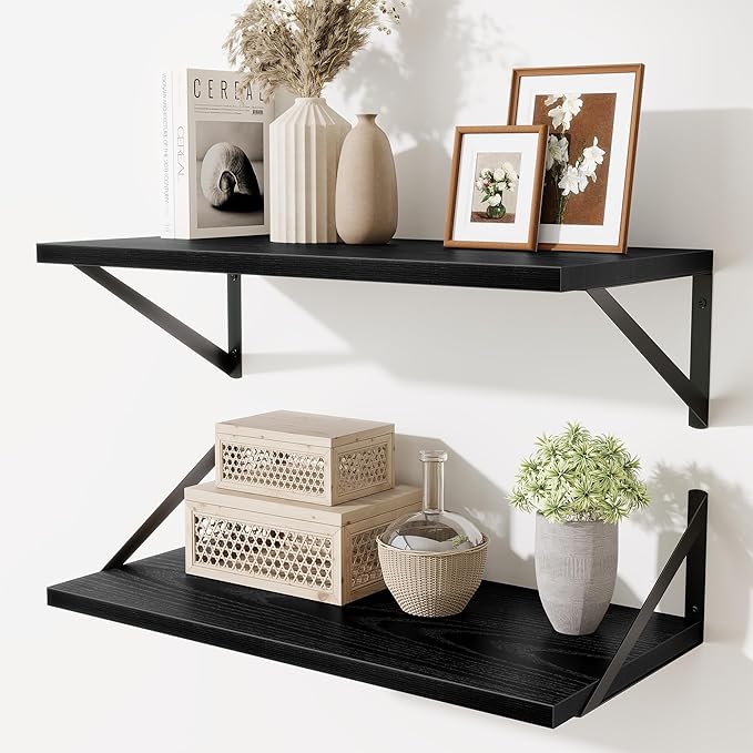Deep Floating Shelves,24" Wx10 D Floating Shelf for Wall Set of 2,Hanging Storage Shelf with Metal Brackets,Wide Display Wall Shelves for Living Room,Bedroom,Bathroom,Kitchen,Black