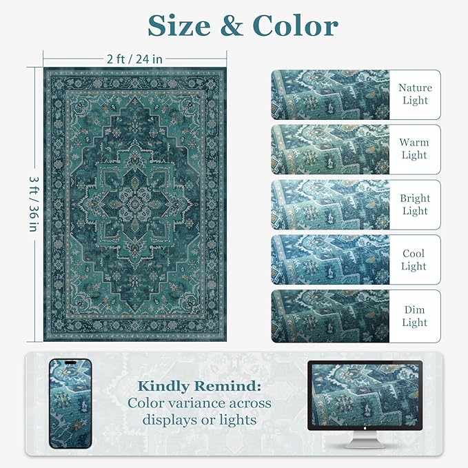 Teal 2x3 Washable Kitchen Rugs Non Slip, Boho Ultra Thin Door Mats Indoor Entrance, Vintage Medallion Classic Entryway Rug, Low Pile Small Rug for Inside Entry/Foyer/Bathroom/Bedside