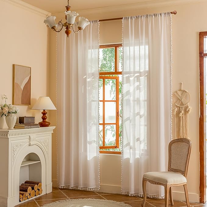 MYSKY HOME White 63 inch Length Semi Sheer Curtain for Short Window Light Filtering Privacy Protect Drapes Set, Back Tab Bohemian Farmhouse Home Decor,50" x 63", Pure White， 2 Pieces