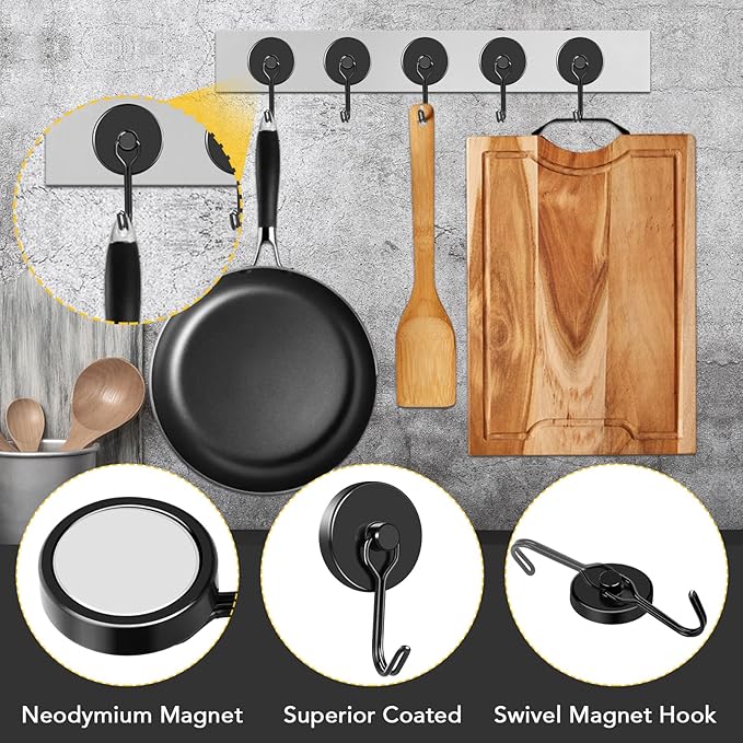 MIKEDE Black Magnetic Hooks Heavy Duty, 120LB Swivel Swing Strong Magnetic Hooks Cruise,Neodymium Hook Magnets for Hanging, Home, Workplace, Metal Door, Office and Garage - Pack of 4