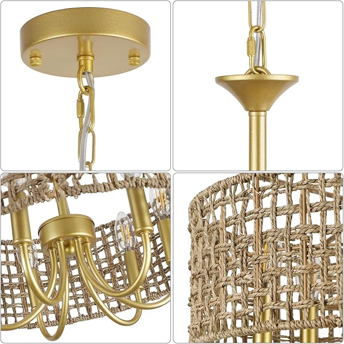 Boho Hand Woven Rattan Chandelier 6 Lights Farmhouse Golden Chandelier, 17.7'' Coastal Drum Wicker Chandeliers for Dining Room Kitchen Living Room Entryway Bedroom