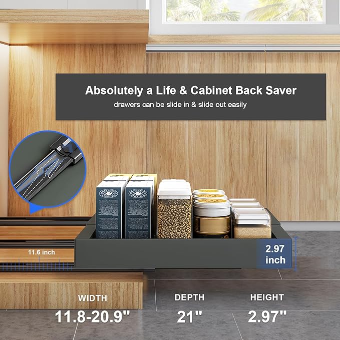 2Pack Expandable Pull Out Cabinet Organizer 21" Deep with Raising Pad for Framed Cabinets, Roll Out Shelves Adhesive, Adjustable Width 12.24"-20.5" W