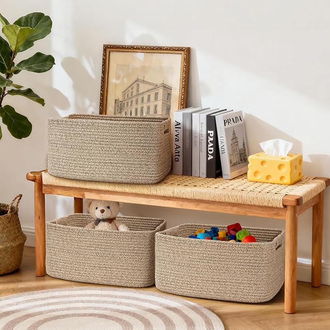 2 Pack Large Storage Basket for Organizing, 17.5"x13"x7" Woven Basket for Shelves, Closet Cube Storage Bins with Wrapped Handle, Cotton Rope Baskets for Kitchen, Clothes, Toys (Natural))