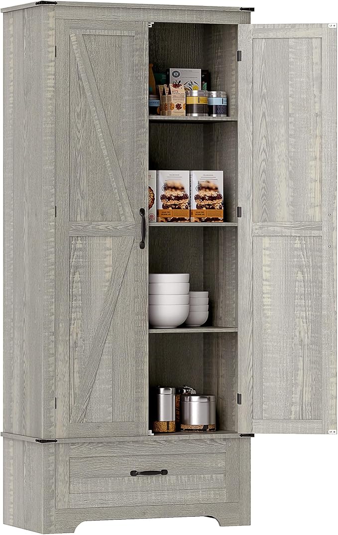 HOMCOM 72" Tall Farmhouse Kitchen Pantry Cabinet - Kitchen Storage Cabinet with Adjustable Shelves & 2 Barn Doors & Drawer, Versatile Storage Unit for Dining Room, Distressed Light Gray