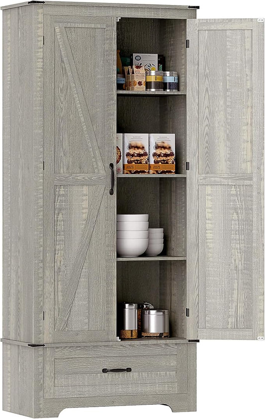 HOMCOM 72" Tall Farmhouse Kitchen Pantry Cabinet - Kitchen Storage Cabinet with Adjustable Shelves & 2 Barn Doors & Drawer, Versatile Storage Unit for Dining Room, Distressed Light Gray
