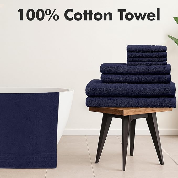 Bath Towels Set of 8 – 100% Cotton (Navy Blue) Bathroom Towel Set Bale Includes 2 Bath, 2 Hand, 4 Face Towels – Soft, Absorbent & Quick Dry Towel for Bathroom, Spa, Kitchen, Hotel Use
