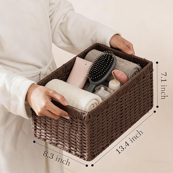 joybest Wicker Storage Baskets, Set of 4 Hand-Woven Paper Rope Dark Brown Baskets for Organizing, Foldable Rectangular Storage Organizer Bins for Shelves with Handles 13.4L x 8.3W x 7.1H