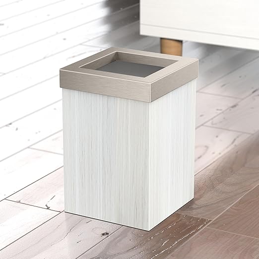 Gatco Small Bathroom Trash Can with Lid, Square 3 Gallon Wastebasket, Under Sink, White Oak with Satin Nickel, for Bathroom, Bedroom, Office (1936SN)