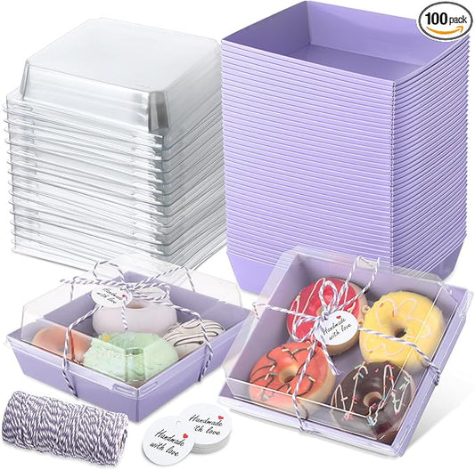 Outus 100 Pack Charcuterie Boxes with Clear Lids, 5.7 x 5.1 '', Mother 's Day Back to School Paper Food Containers Cake Take out Bakery Boxes with Gift Tags Rope for Desserts(Purple,Classic)