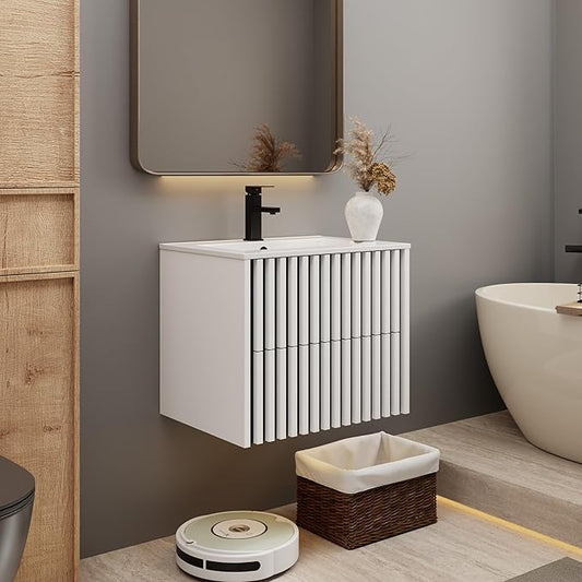 eclife 24" Floating Bathroom Vanity with Sink Combo, Modern Wall Mounted Cabinet with 2 Fluted Drawers, Undermount Sink, Faucet, Drain, Mixed White